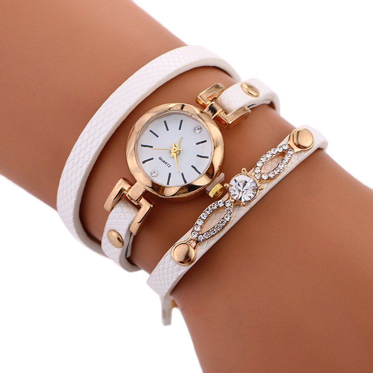 

Rhinestone Faux Leather Strap Wrap Bracelet Watch, White
