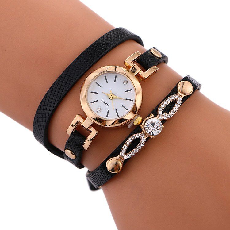 

Rhinestone Faux Leather Strap Wrap Bracelet Watch, Black