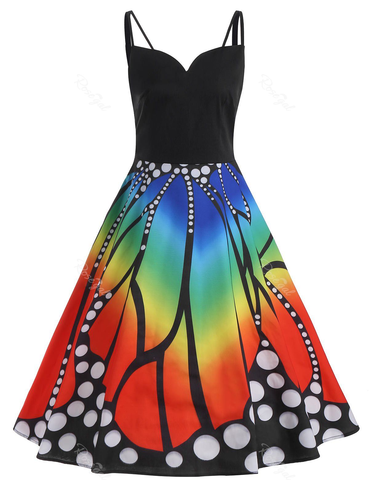 

Spaghetti Strap A Line Plus Size Butterfly Print Dress, Colormix
