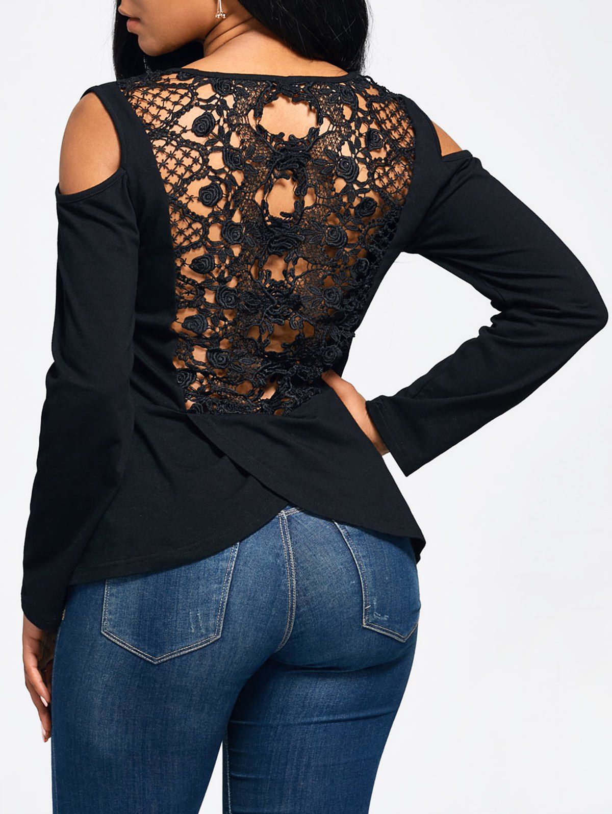 

Lace Back Cold Shoulder Long Sleeve T-shirt, Black