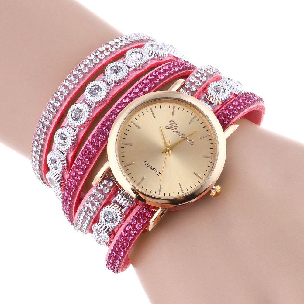 

Layered Rhinestoned Wrap Bracelet Watch, Pink