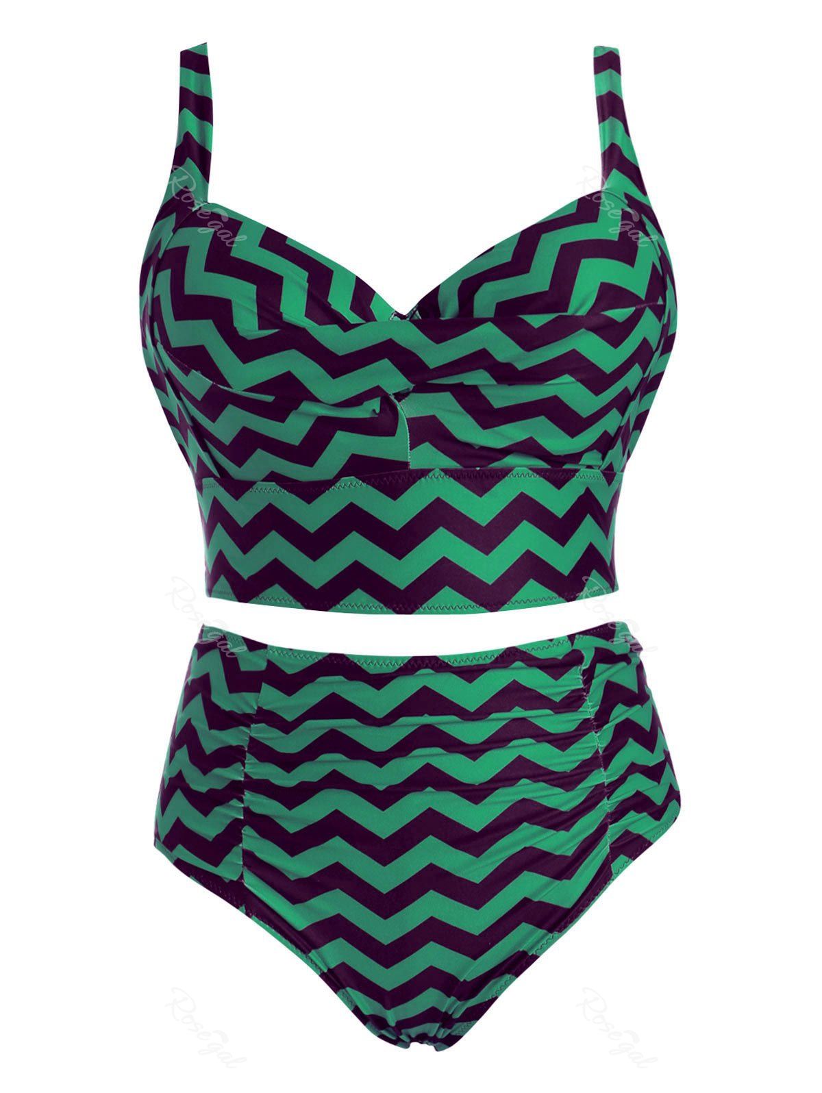 

Plus Size Zigzag High Waist Vintage Underwire Bikini, Green