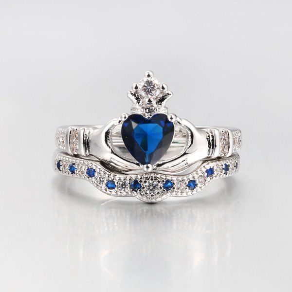 

Faux Sapphire Crown Heart Finger Ring Set, Blue