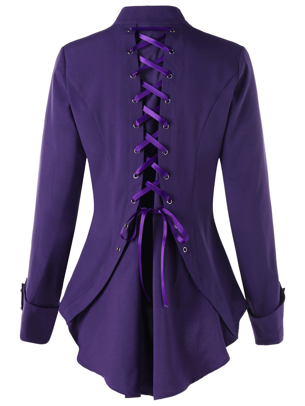 

Button Down Lace Up Tunic Shirt, Deep purple