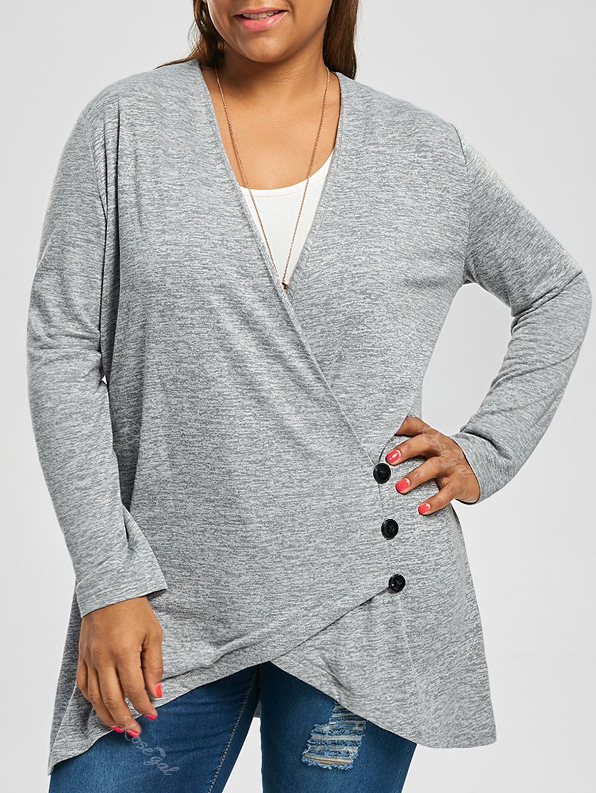 

Plus Size Button Fly Heather Longline Top, Light gray
