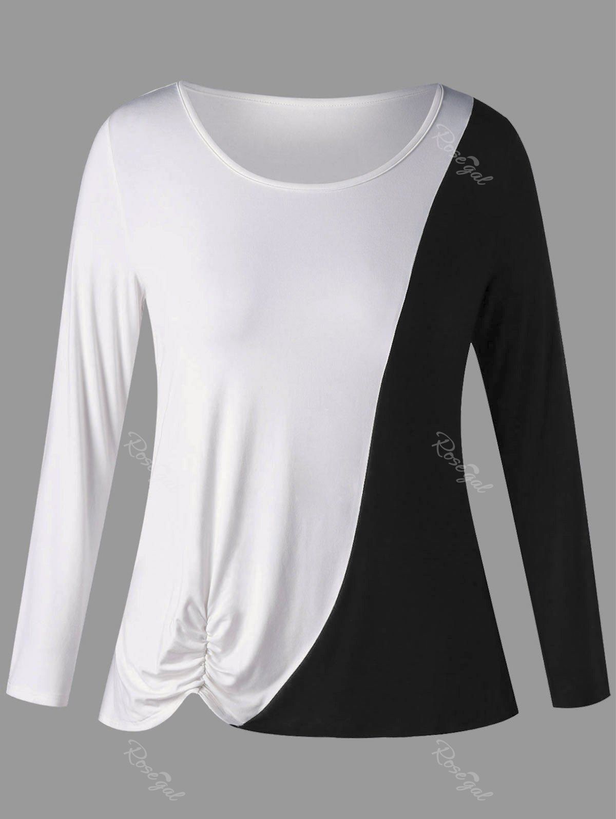 

Plus Size Two Tone Shirred Long Sleeve T-shirt, White and black