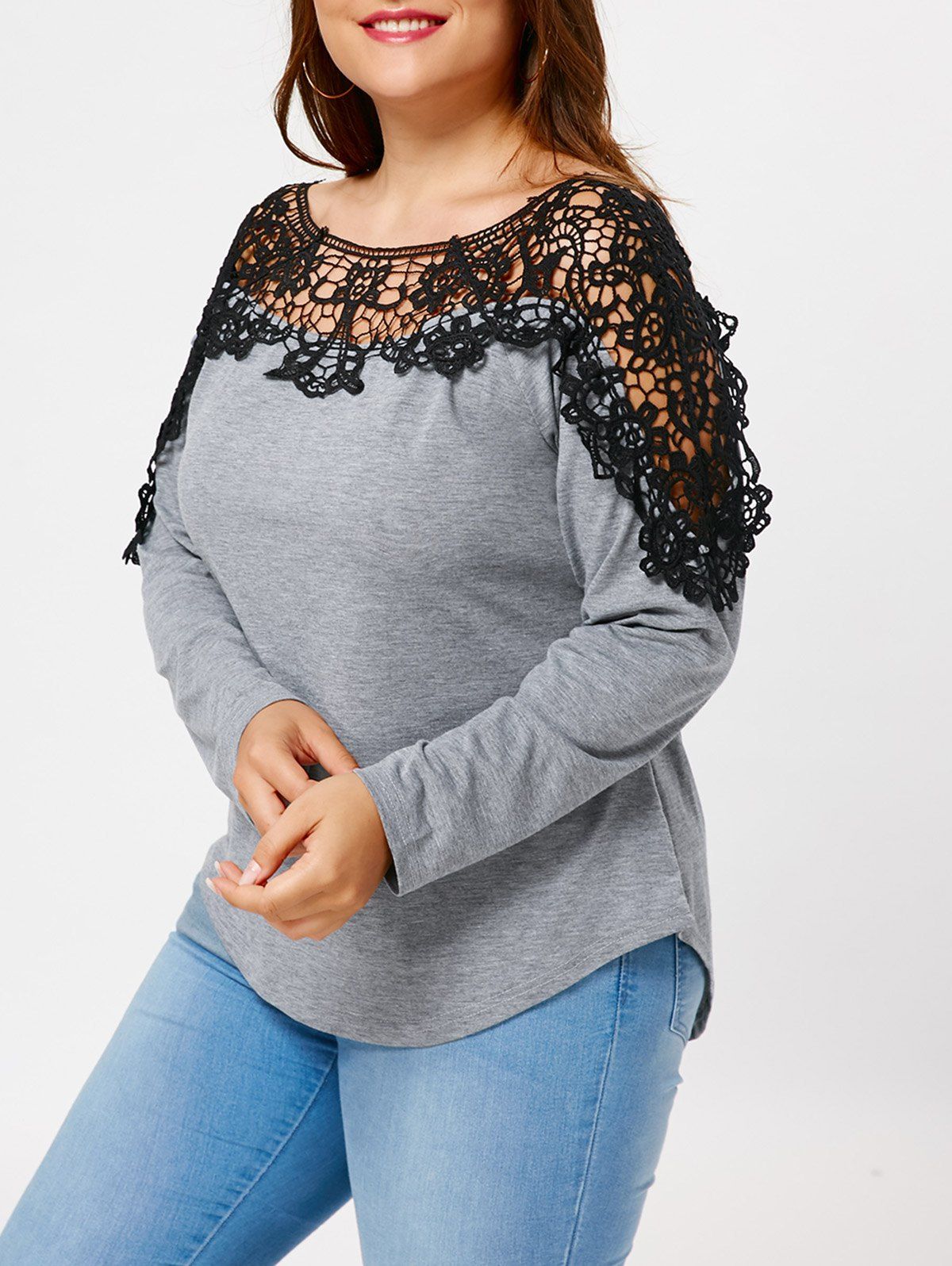 

Lace Insert Plus Size Long Sleeve T-shirt, Gray