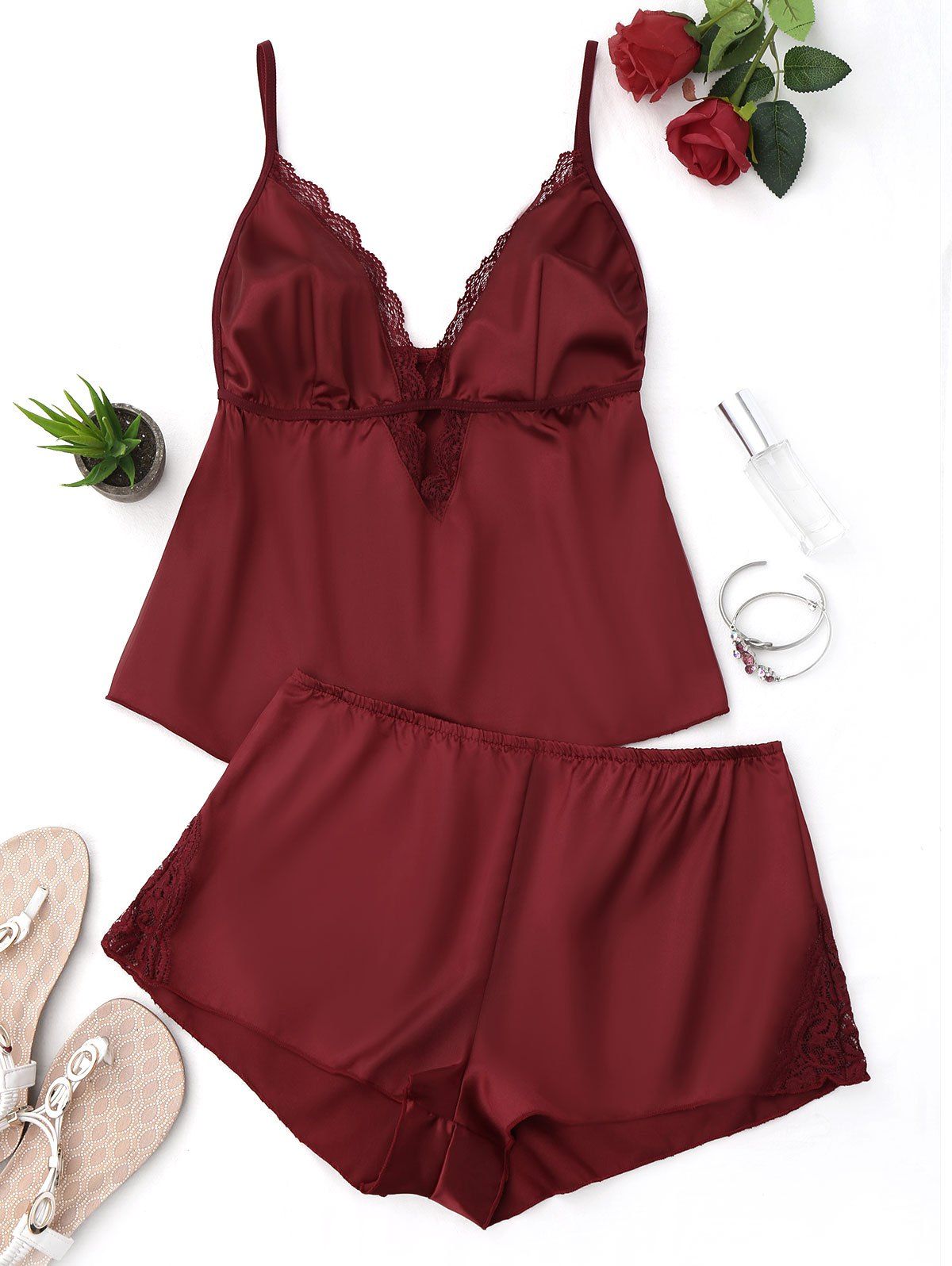 

Plunge Cami Lace Trim PJ Set, Wine red