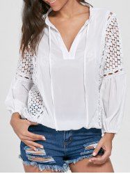 Openwork Long Sleeve Blouson Chiffon Top - WHITE M