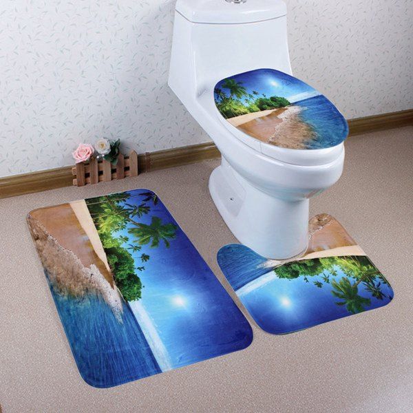 

Beach Palm Tree Pattern 3 Pcs Bath Mat Toilet Mat, Blue