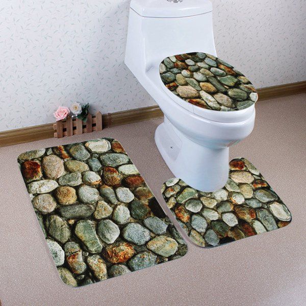

Stone Wall Pattern 3 Pcs Bath Mat Toilet Mat, Gray