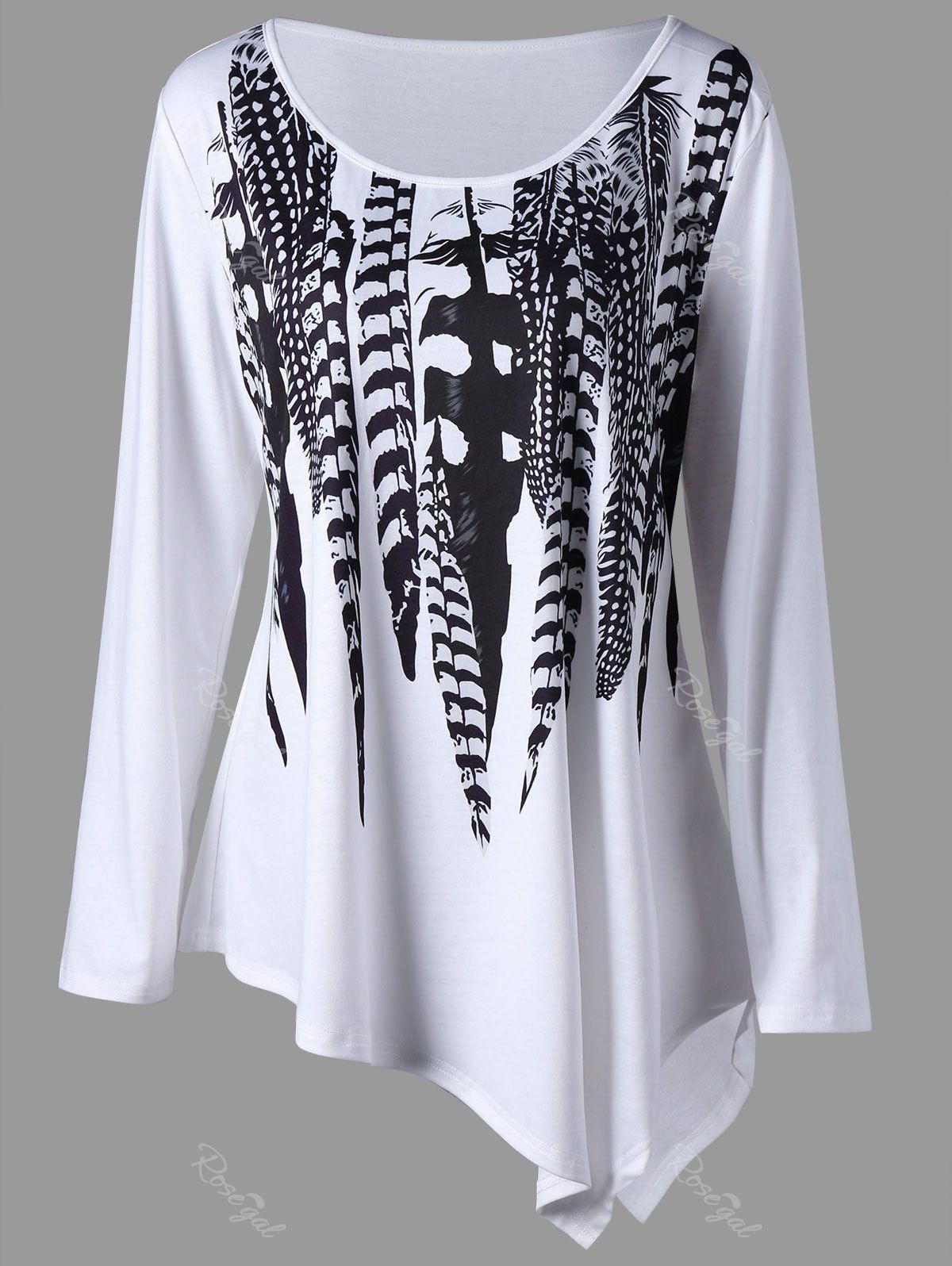 

Plus Size Feather Pattern Asymmetric Tunic Top, White and black