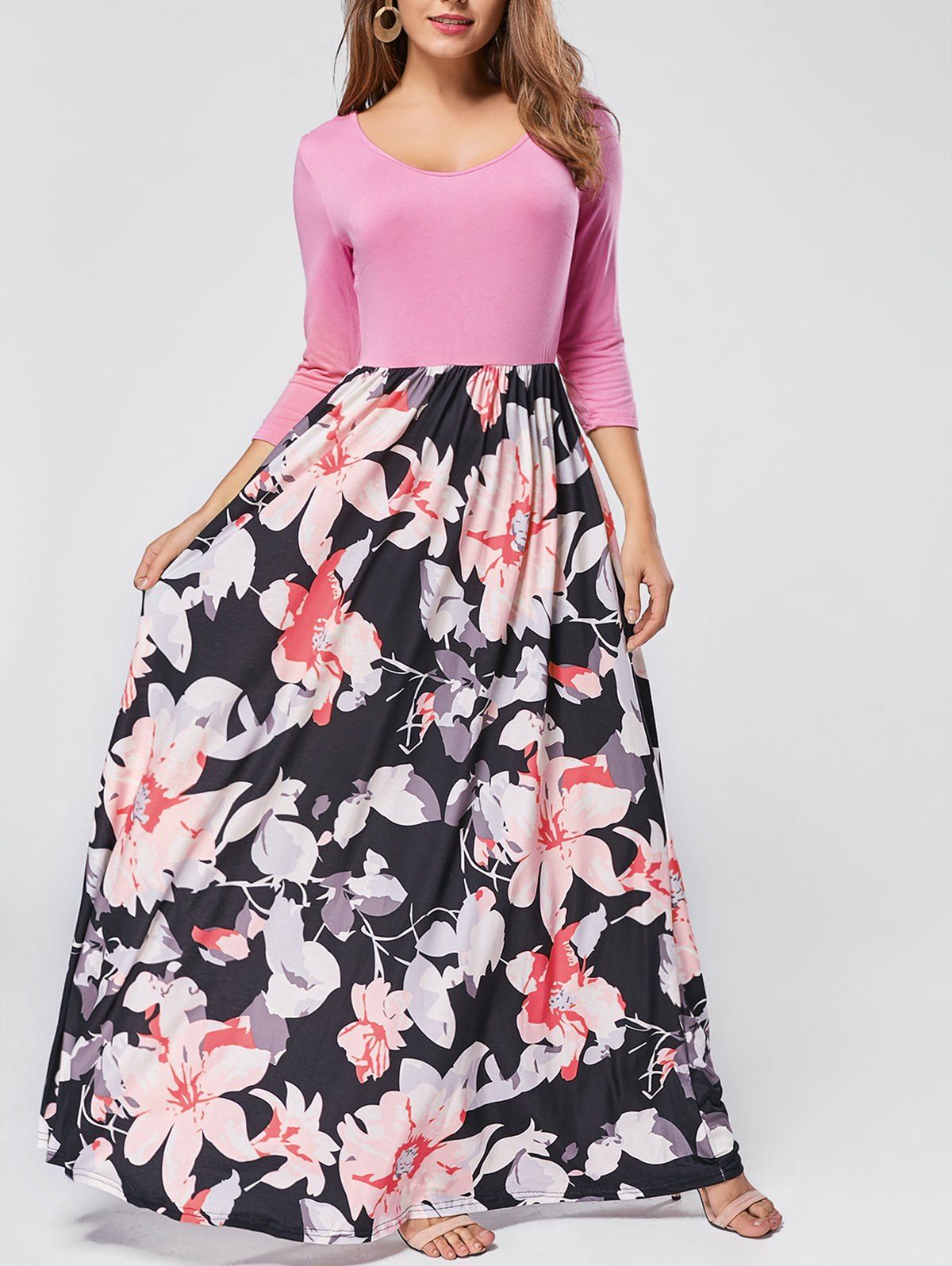 [55% OFF] Floral Scoop Neck Maxi Dress | Rosegal