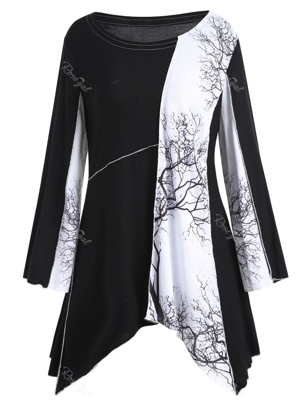 

Plus Size Tree Graphic Long Sleeve Asymmetric Top, Black