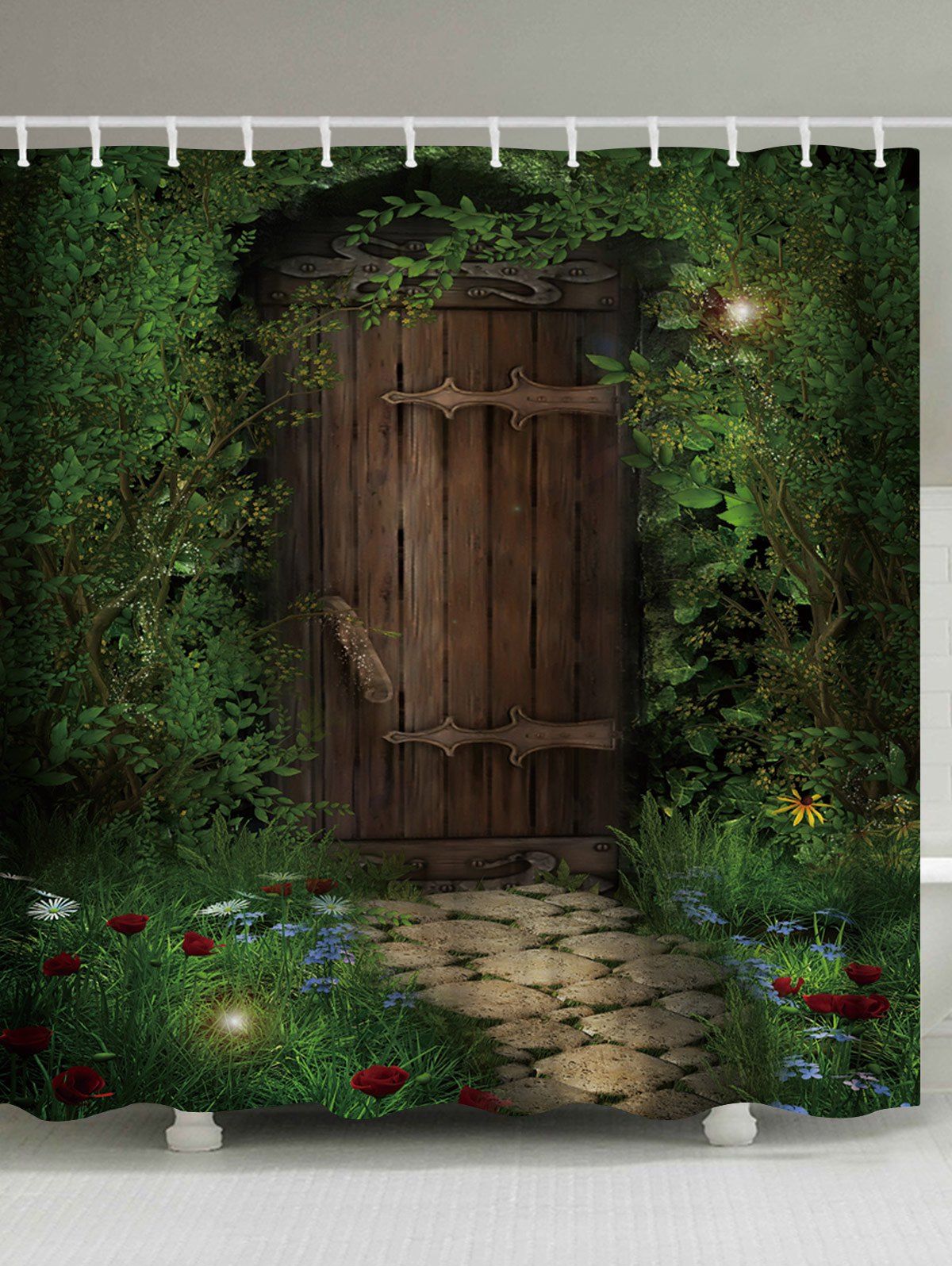 

Fairy Forest Wood Door Printed Shower Curtain, Deep green
