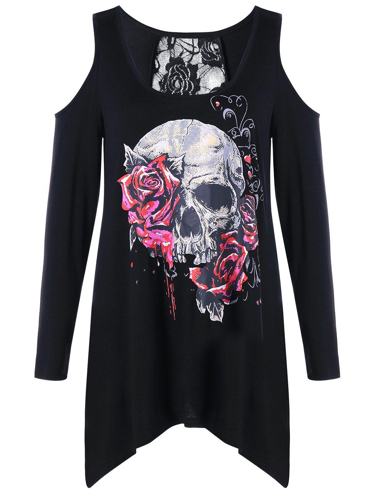 

Lace Insert Skull Print Cold Shoulder Top, Black