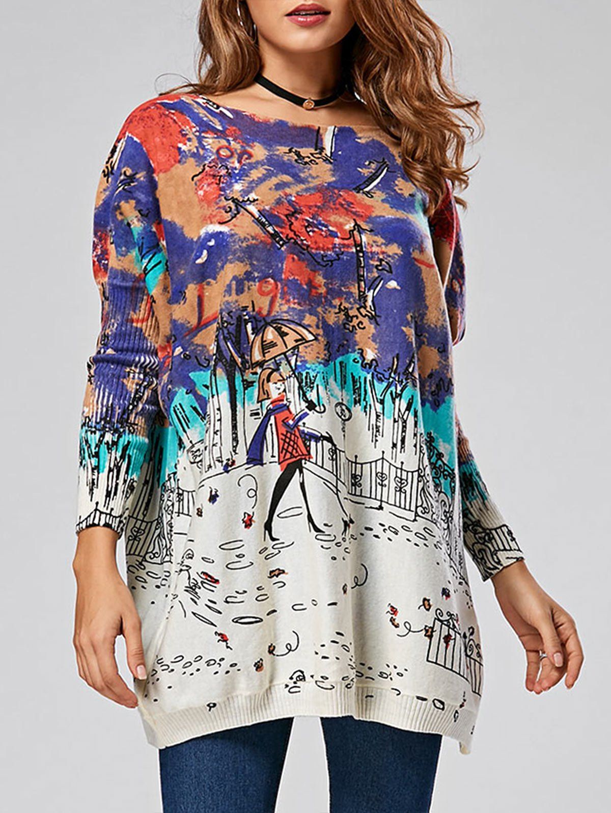 

Pullover Ombre Cartoon Pattern Sweater, Off-white