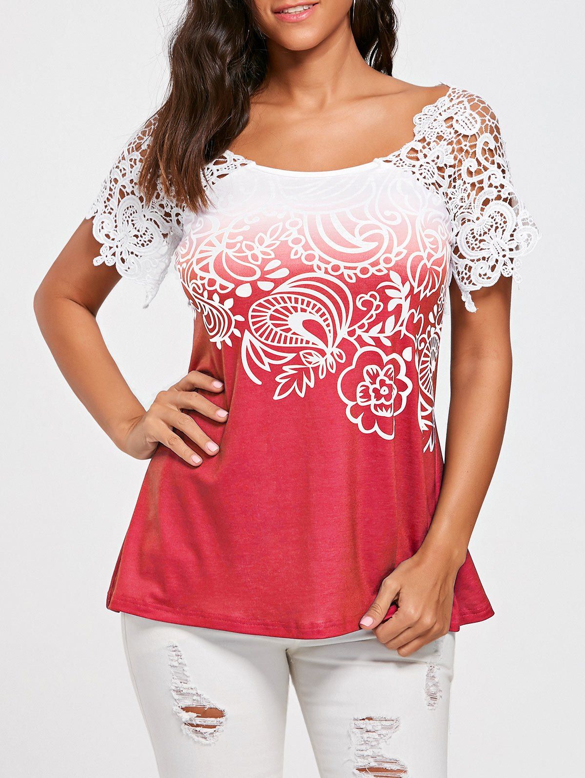 [24% OFF] Floral Lace Trim Cutwork T-shirt | Rosegal