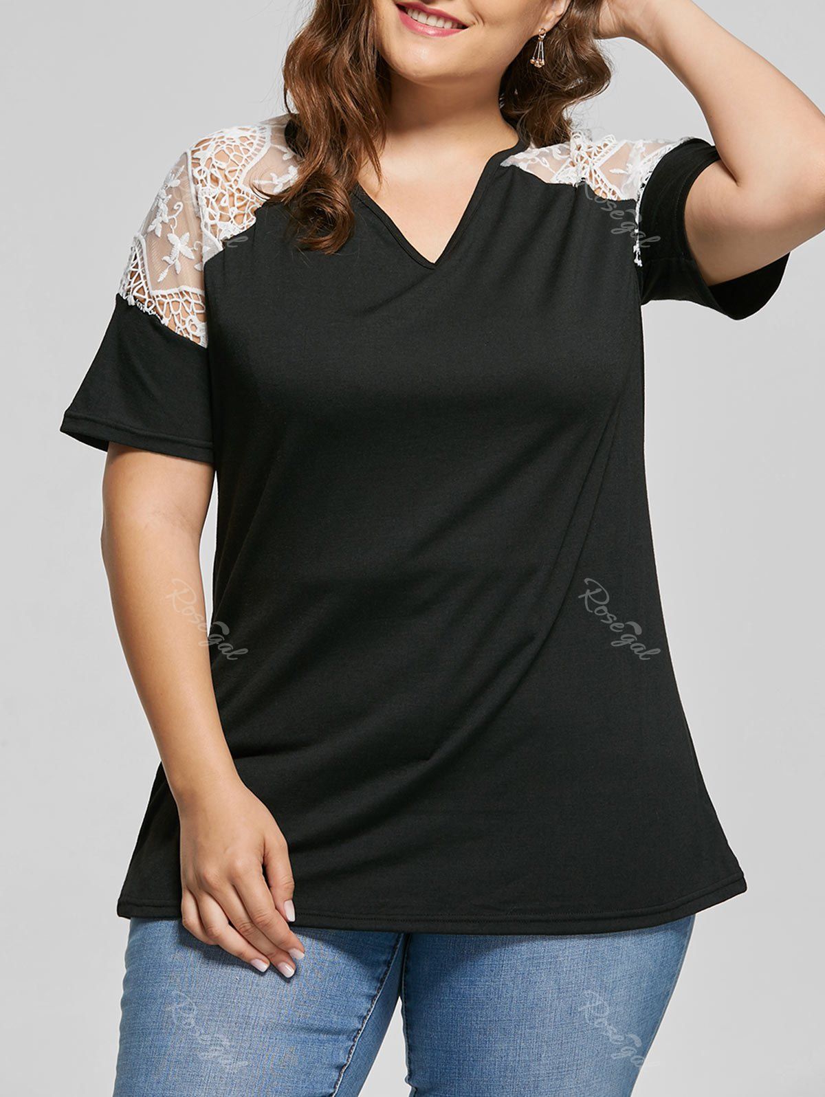 

Lace Trim V Neck Plus Size Tunic Top, Black