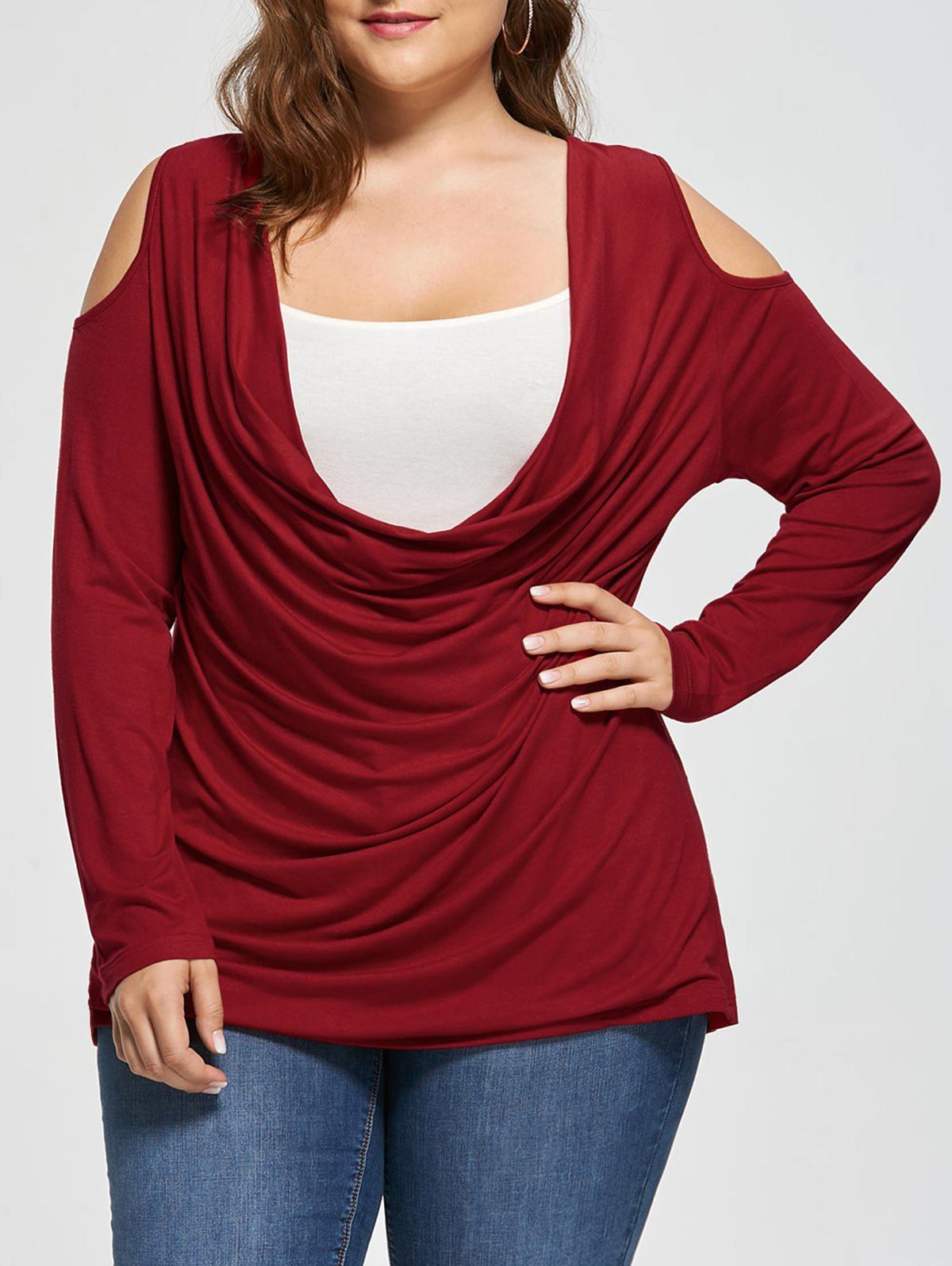 

Plus Size Open Shoulder Cowl Neck Top, Wine red