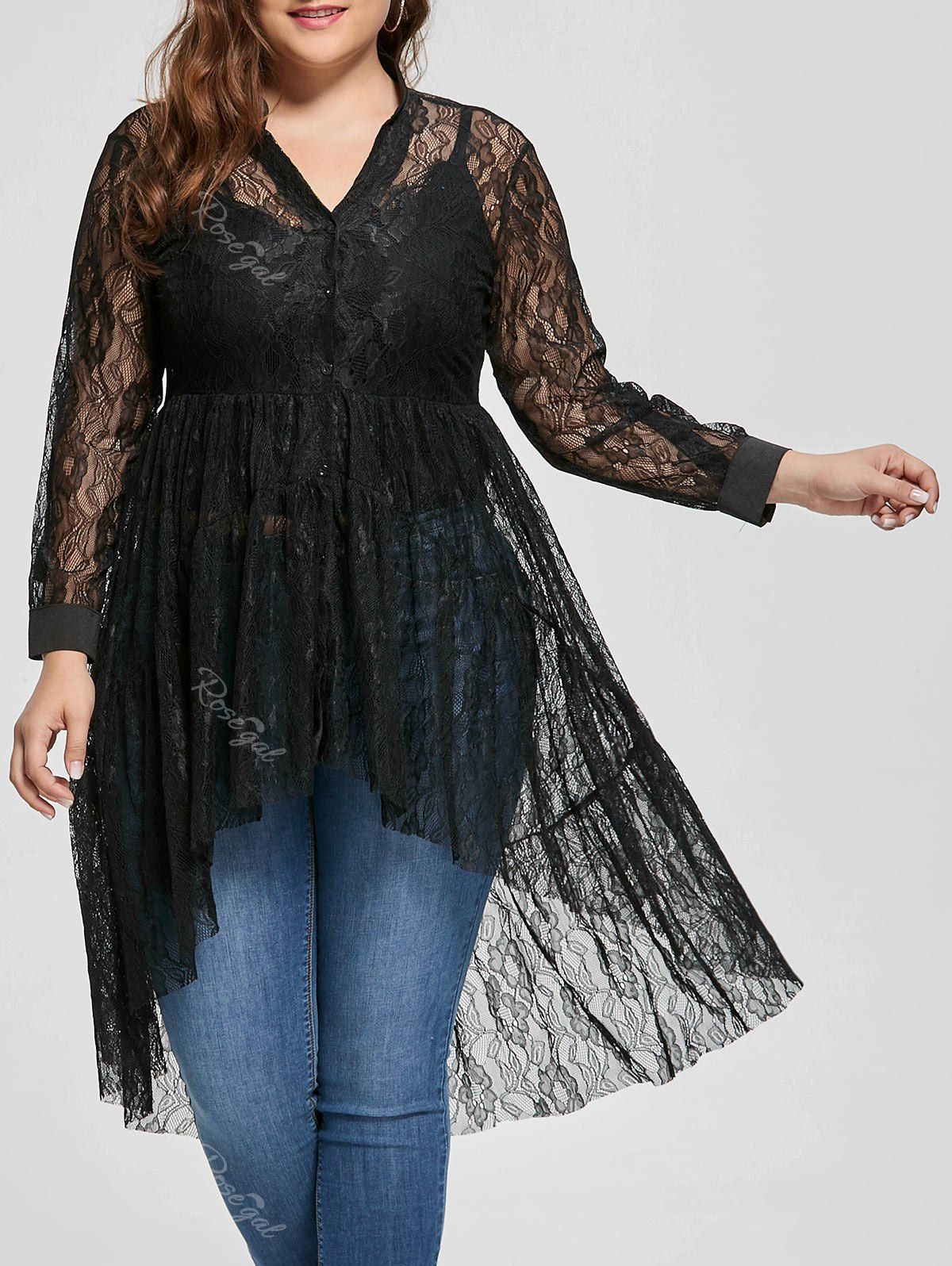 

Long Sleeve Lace High Low Plus Size Blouse, Black
