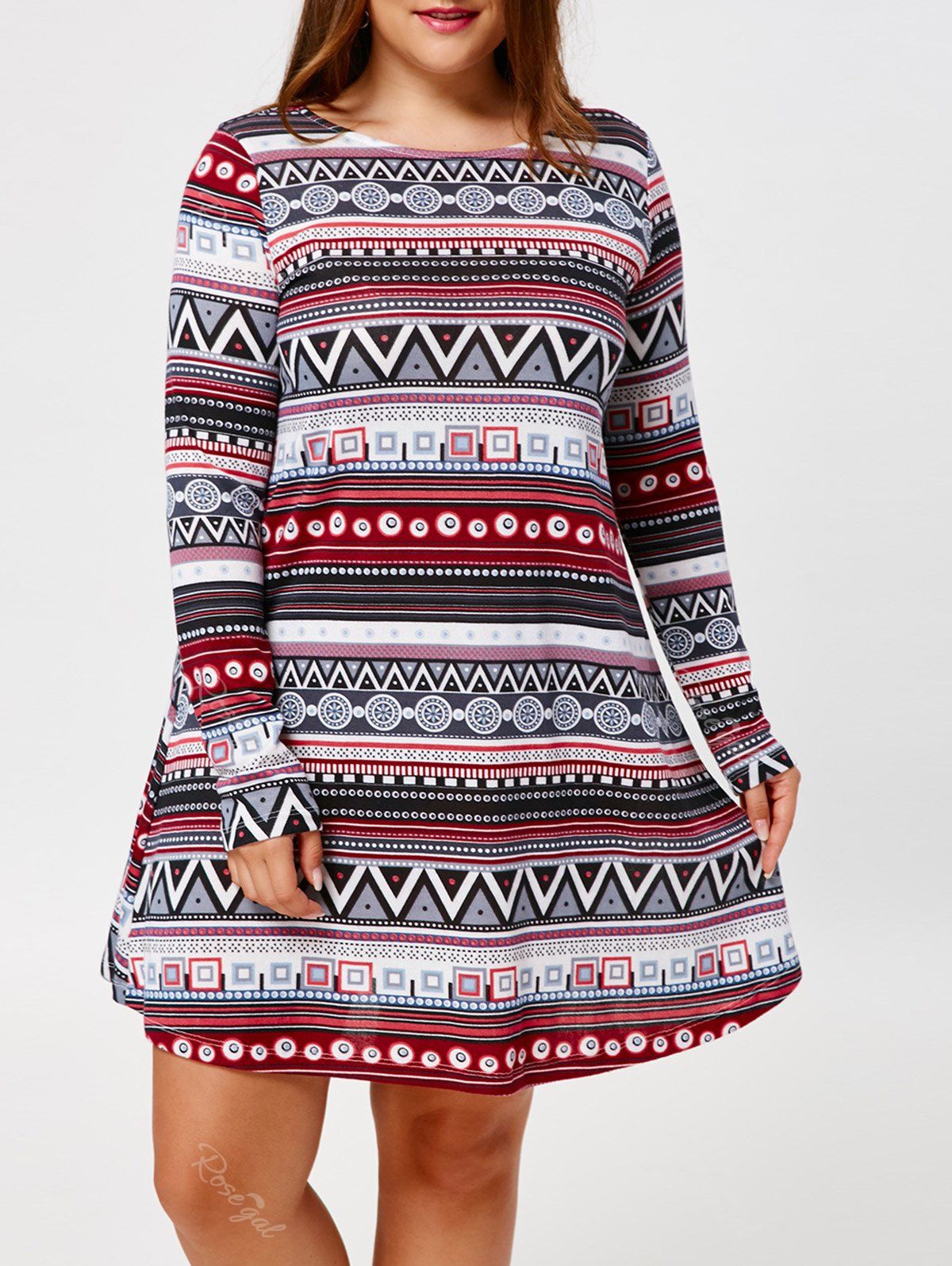 

Plus Size Long Sleeve Tribal Tunic Dress, Colormix