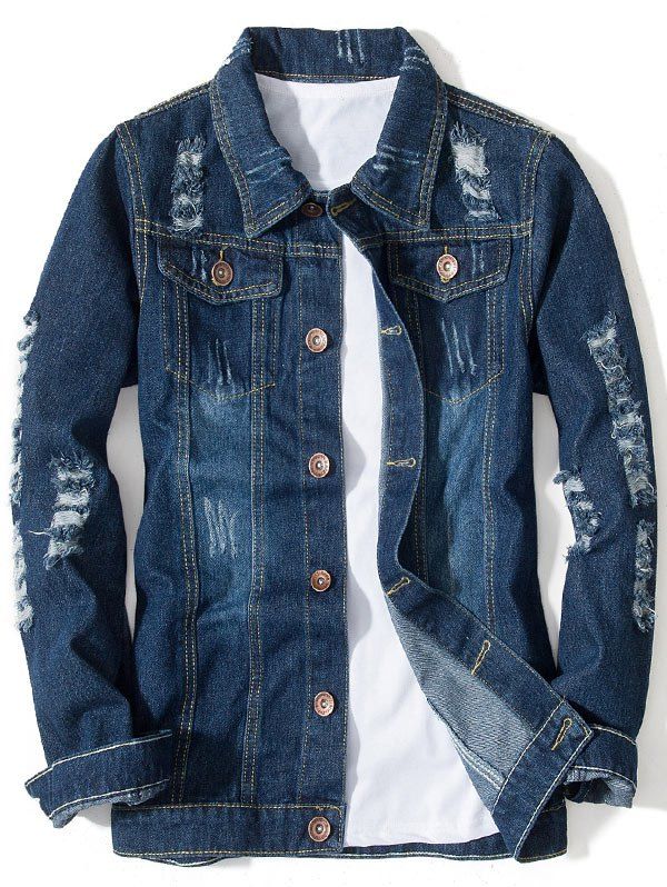 

Distressed Button Up Pocket Denim Jacket, Deep blue