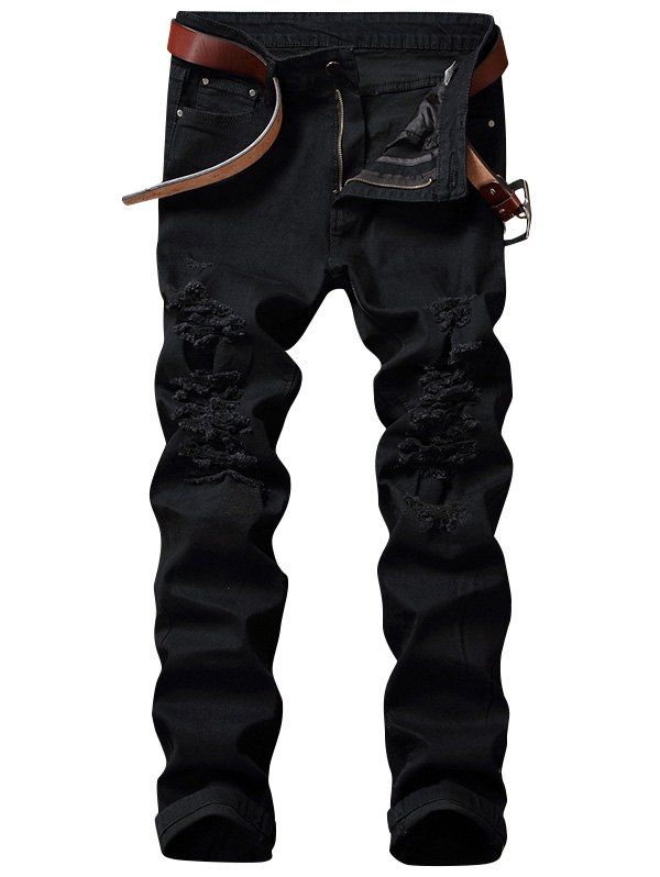 

Zip Fly Straight Jeans with Rips, Black