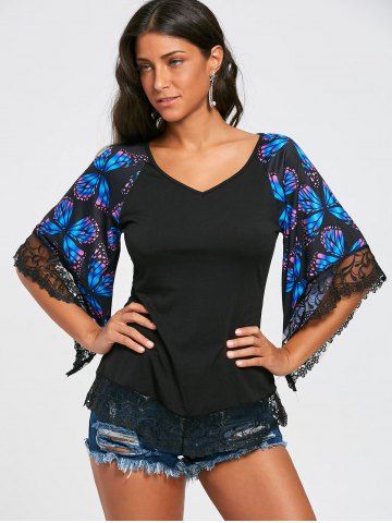 

Butterfly Raglan Sleeve Lace Trim T-shirt, Blue
