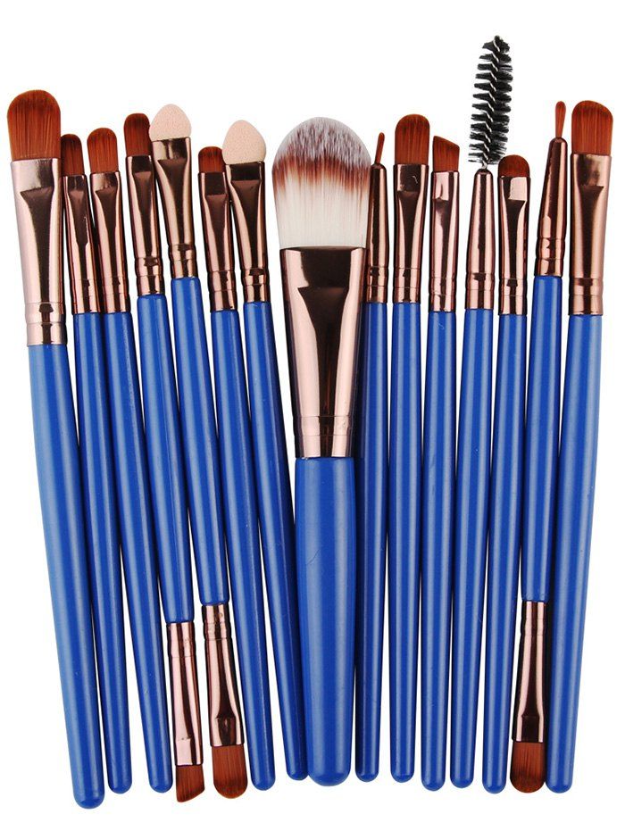 

Stylish Multifunction 15 Pcs Plastic Handle Nylon Makeup Brushes Set, Brown + blue
