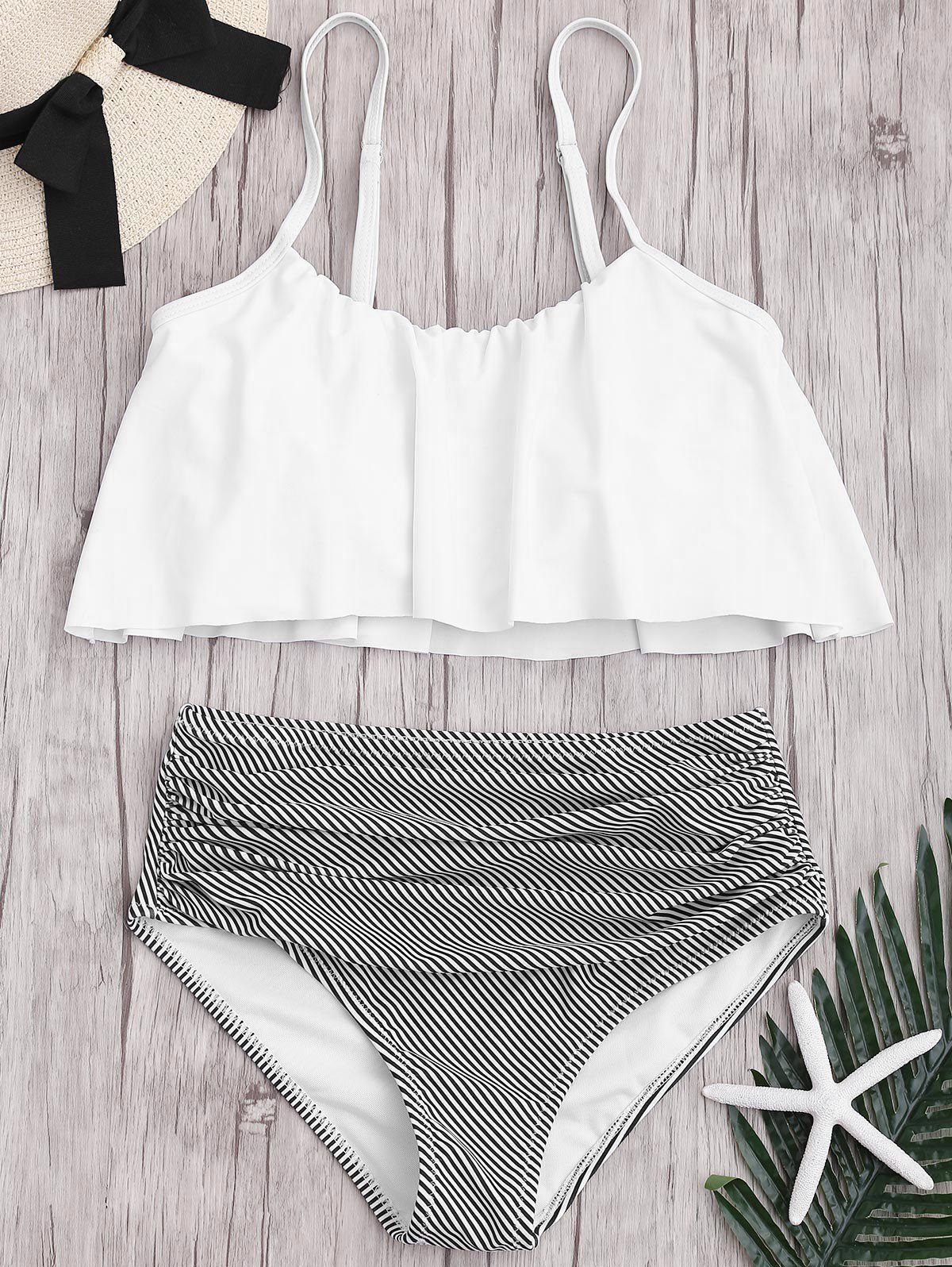 

Plus Size High Waisted Striped Bikini Set, White