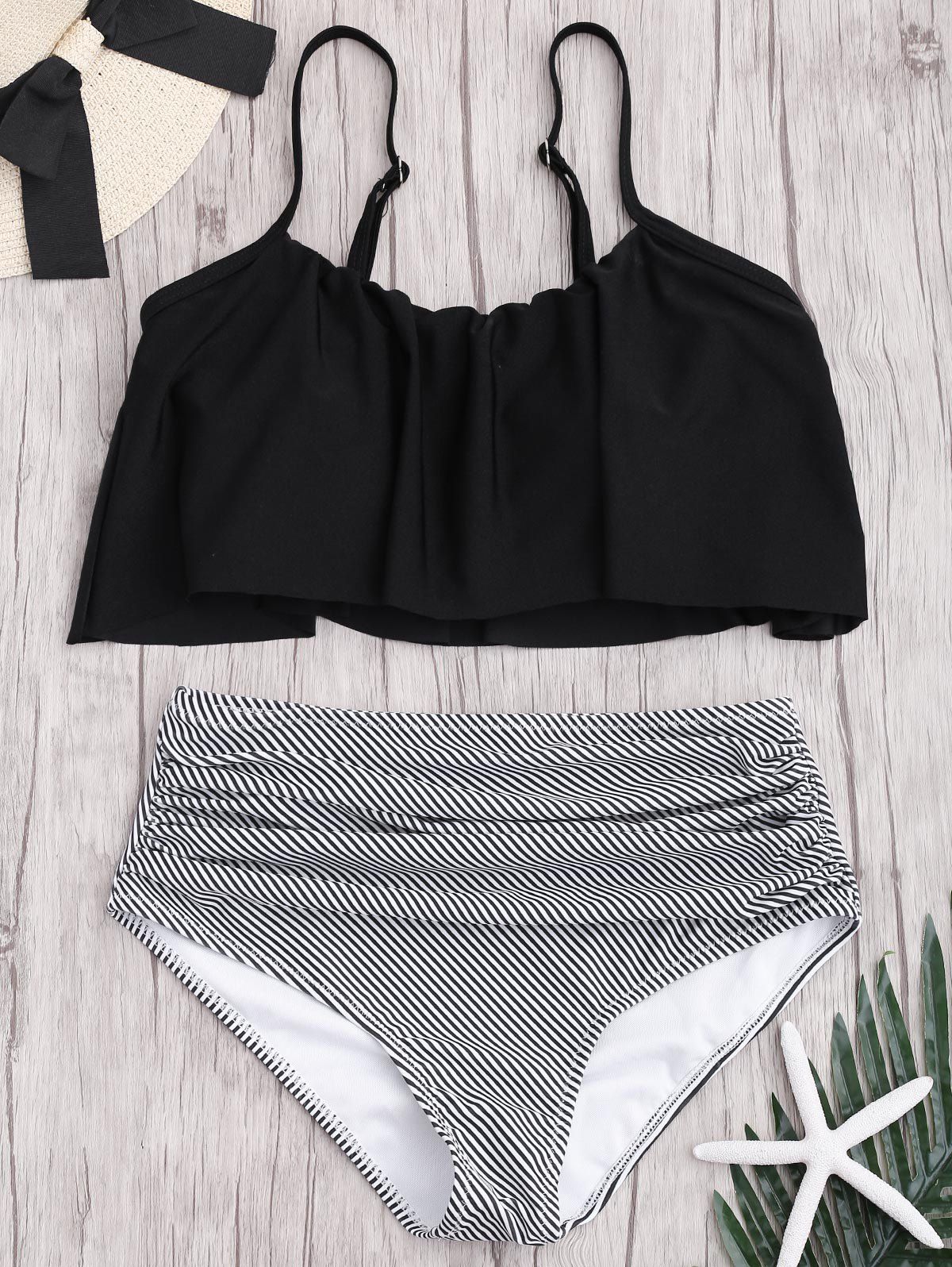 

Plus Size High Waisted Striped Bikini Set, Black
