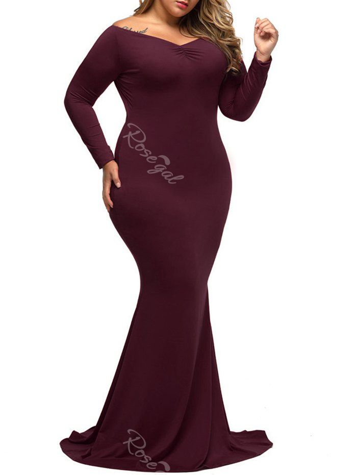 

Long Tight Formal Plus Size Long Sleeve Carpet Maxi Dress, Wine red