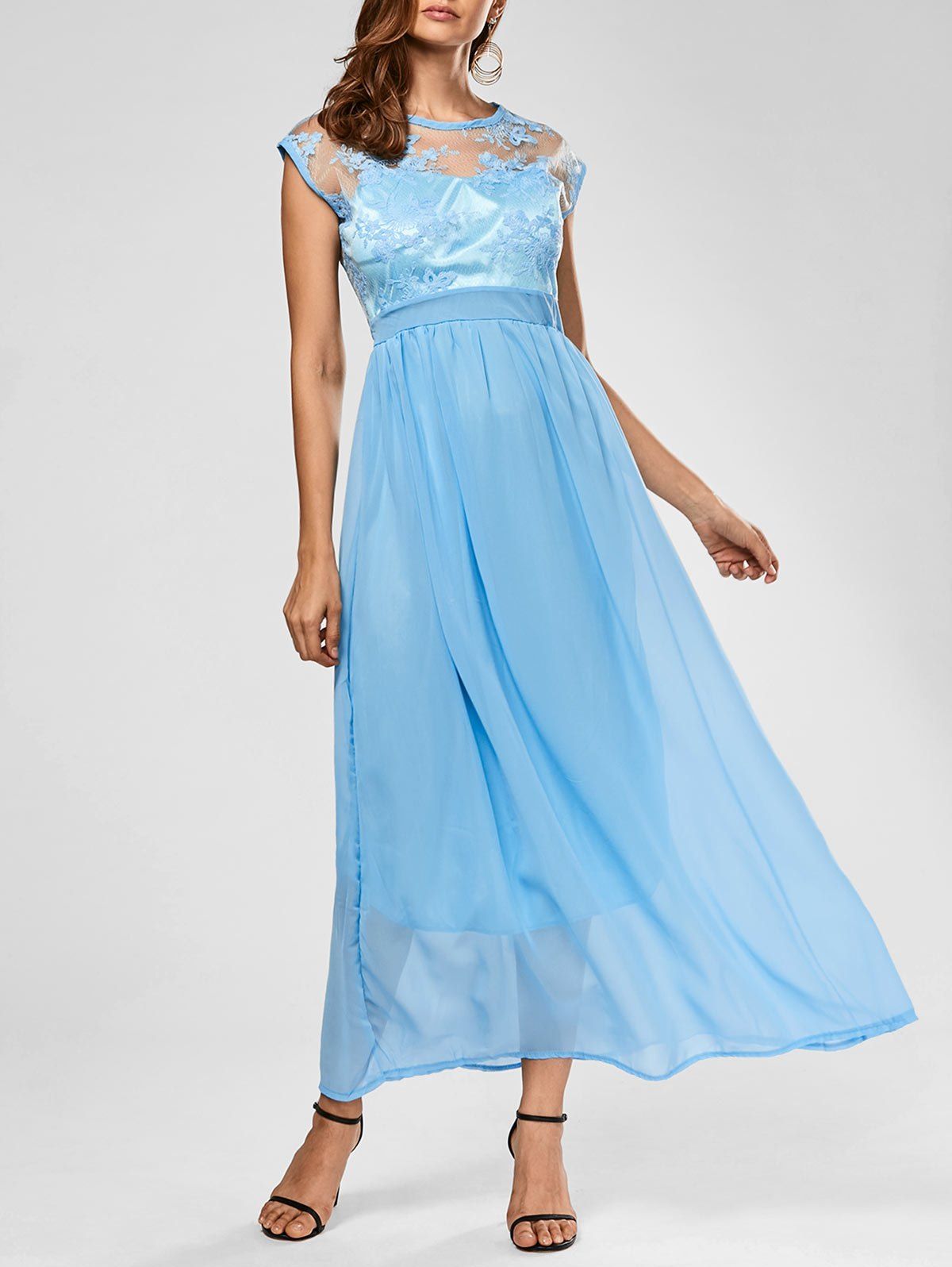 Blue M Embroidered Sheer Chiffon Long Prom Dress