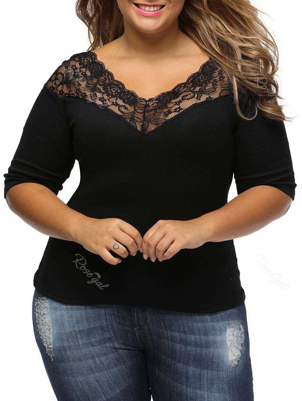 [30% OFF] Lace Panel V Neck Plus Size Tee | Rosegal