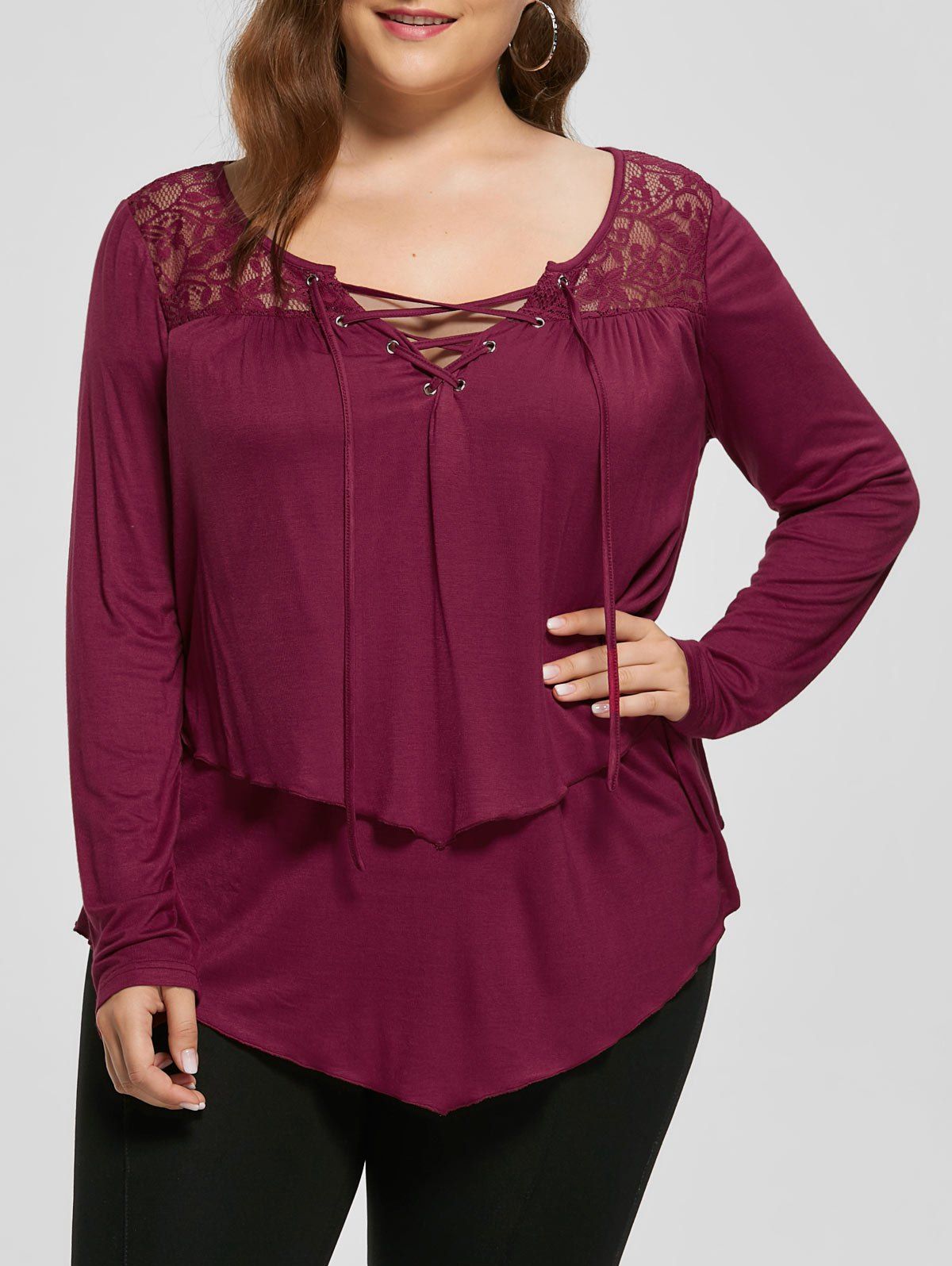 

Plus Size Lace Trim Lace Up Top, Pearl amaranth
