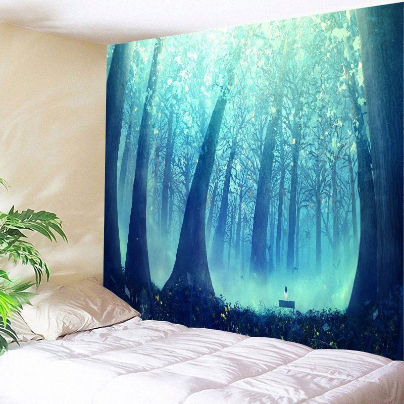 

Sunlight Foggy Forest Wall Hanging Tapestry, Blue and black