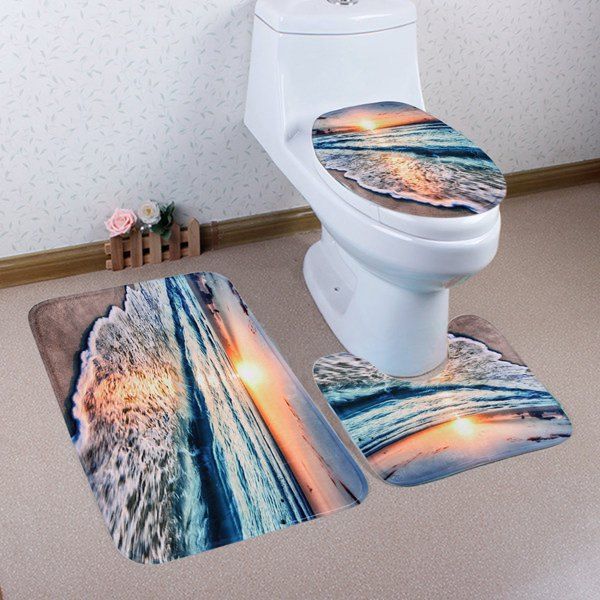 

3PCS Soft Absorbent Sunset Beach Bathroom Rugs Set, Colormix