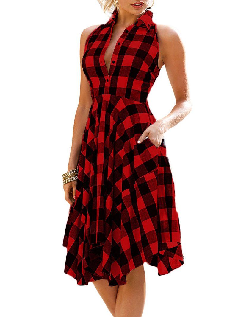 

Plaid Handkerchief Midi Shirt Dress, Red