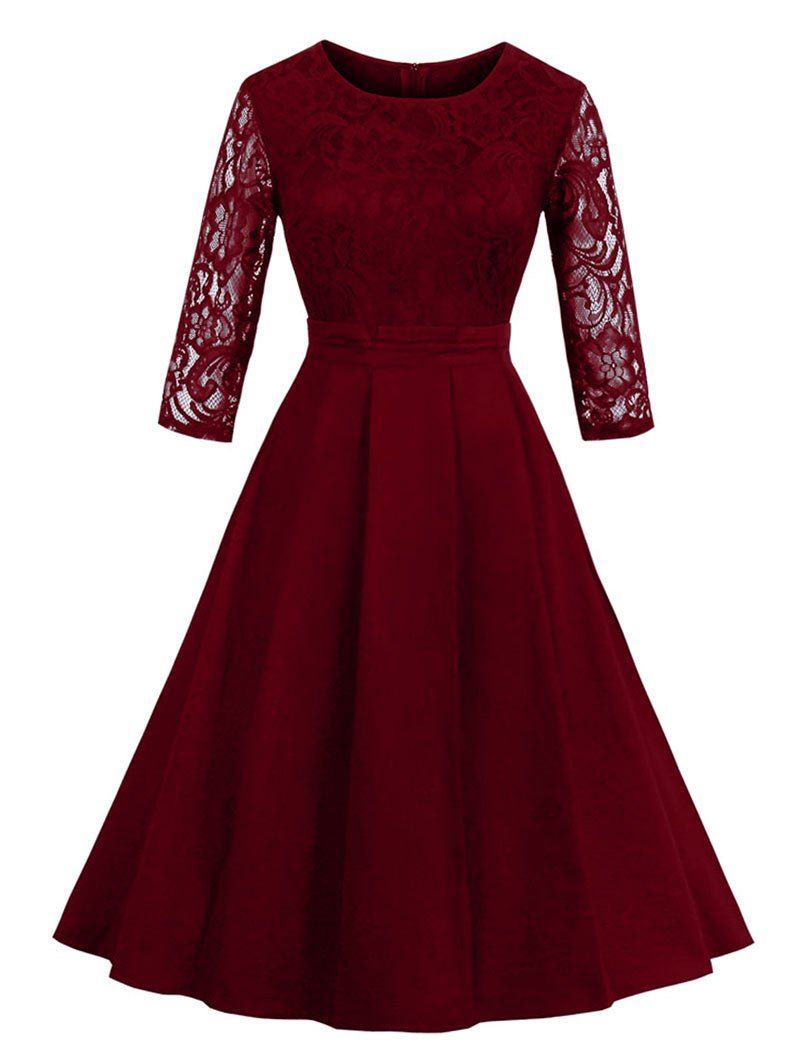 

Vintage Lace Panel Fit and Flare Dress, Wine red