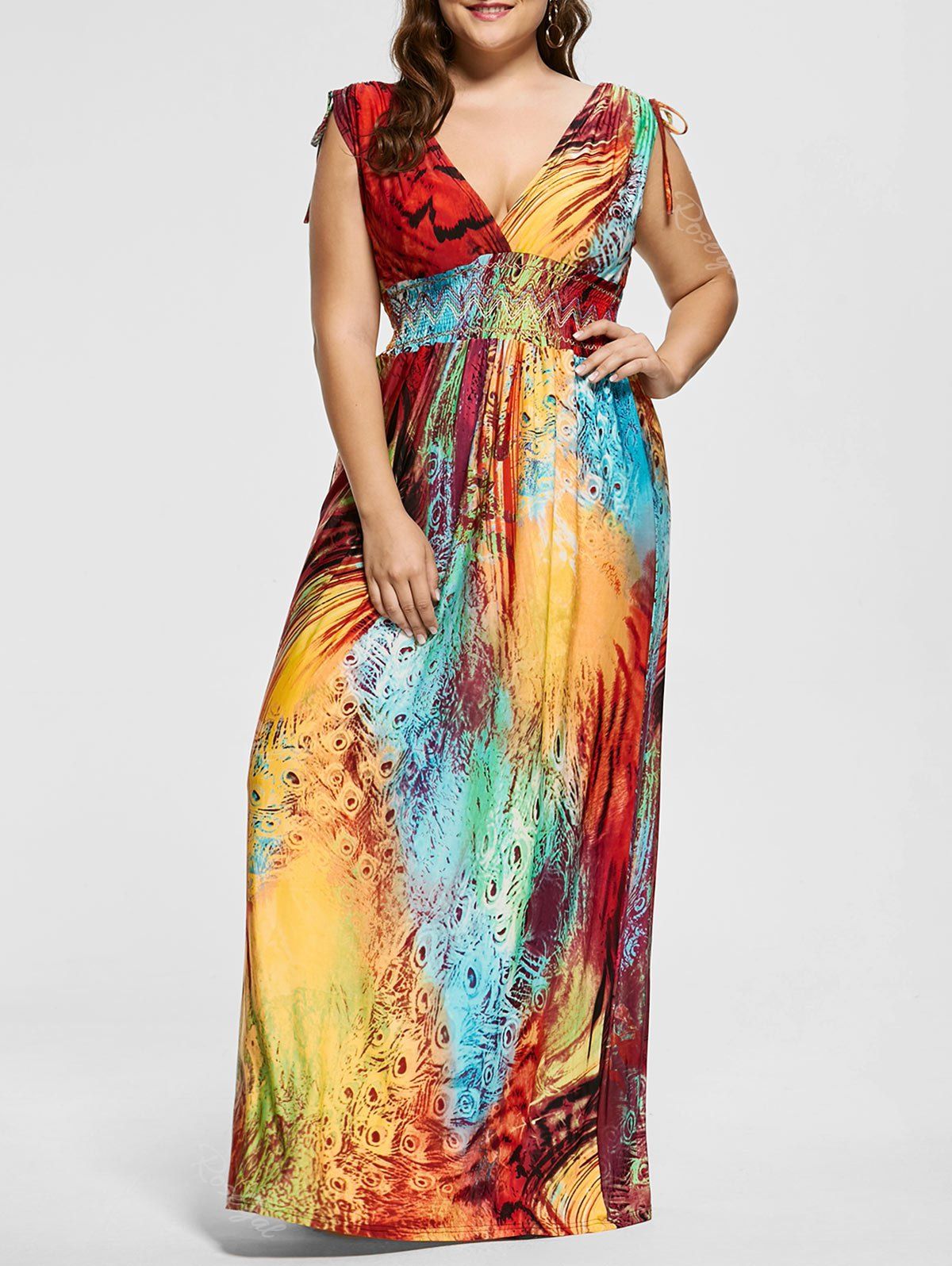 

Floor Length Plunging Neck Printed Plus Size Dress, Multicolor