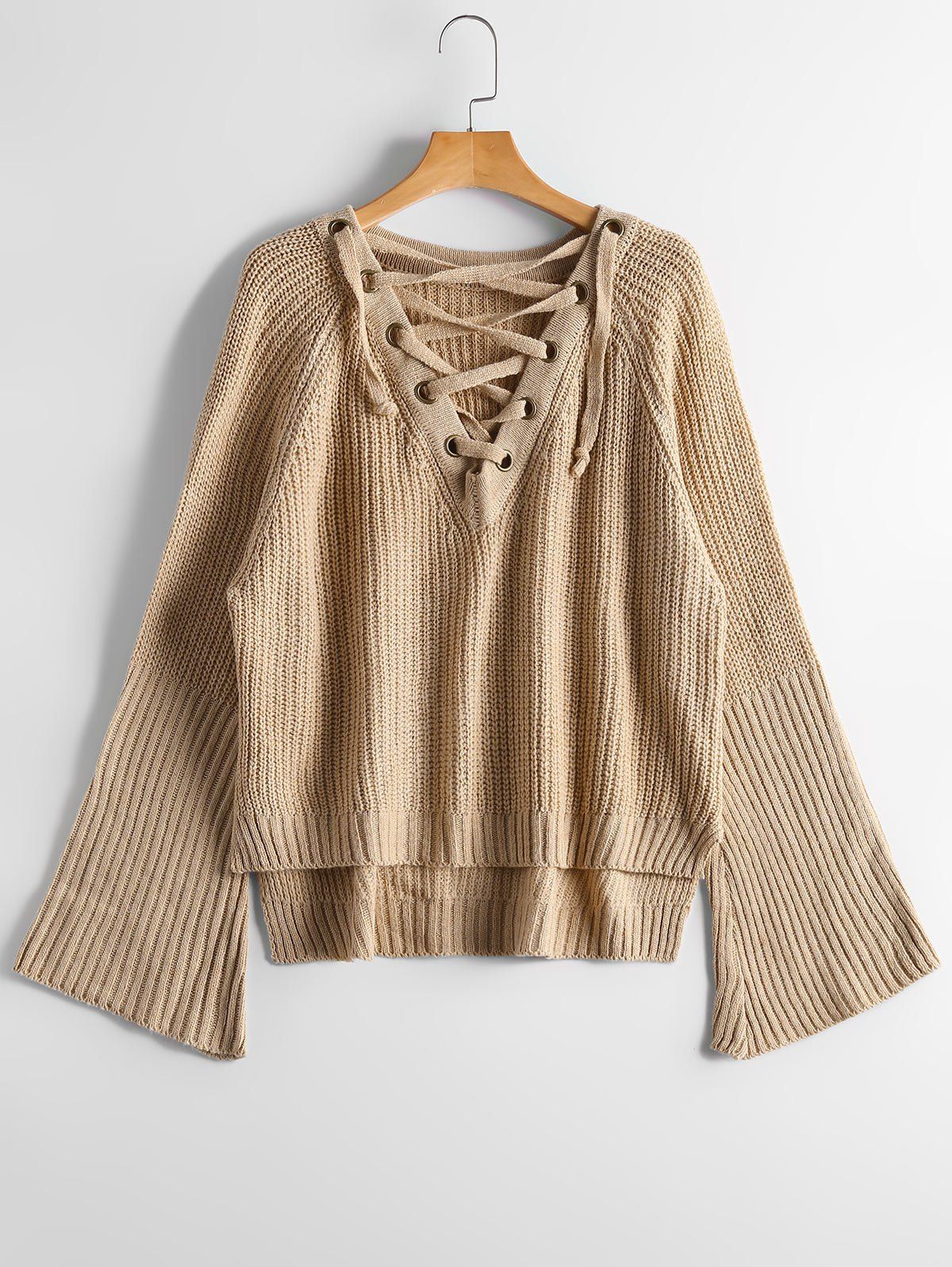 

High Low Lace Up Flare Sleeve Sweater, Camel