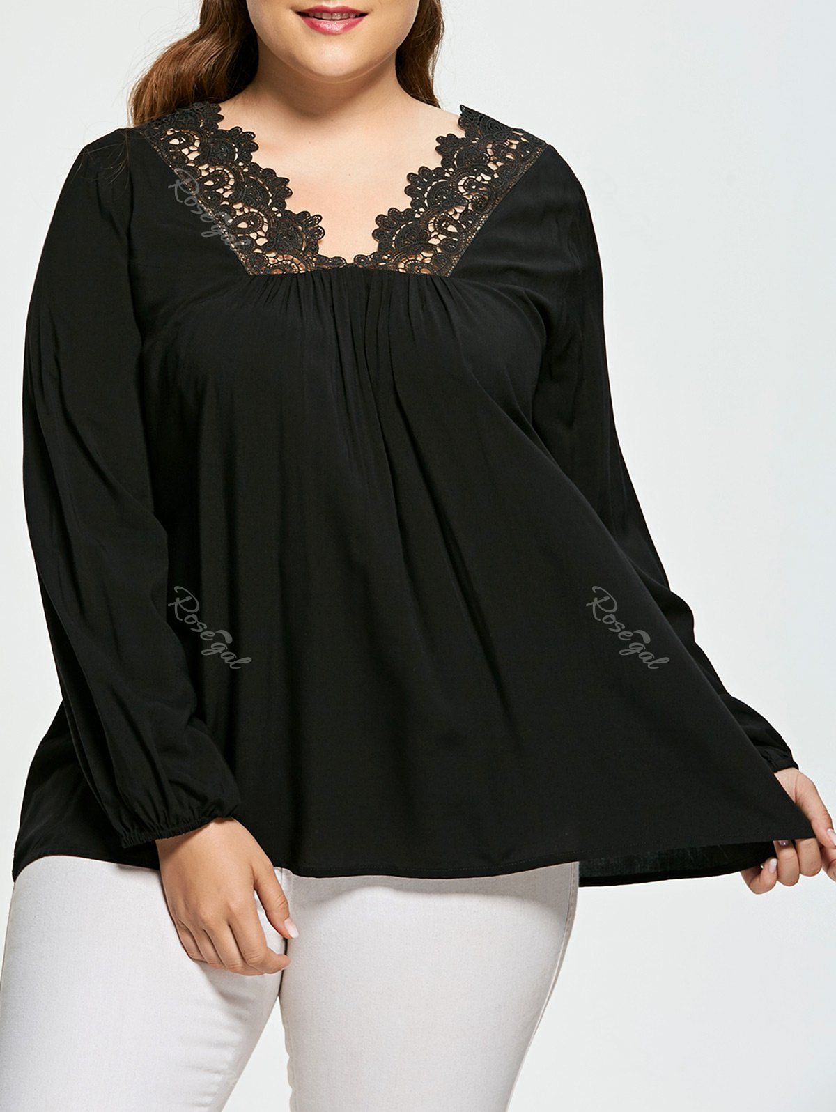 

Crochet Panel Plus Size V Neck Blouse, Black