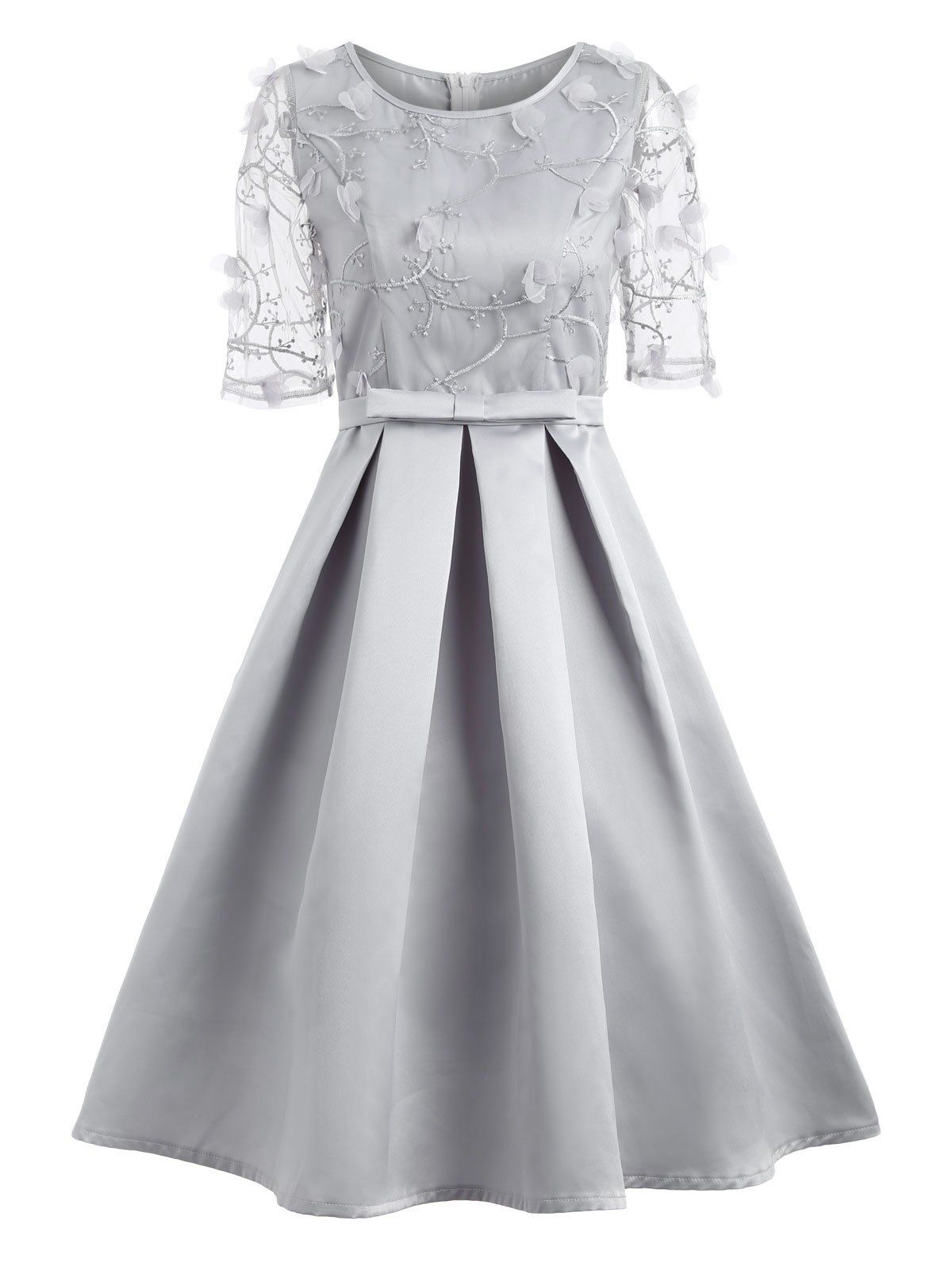 

Vintage Mesh Pleaded Embroidery A Line Dress, Gray