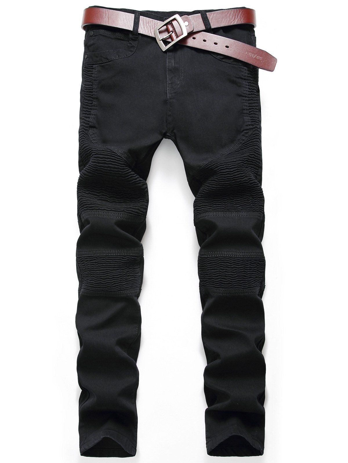 

Pleat Design Zip Fly Biker Jeans, Black