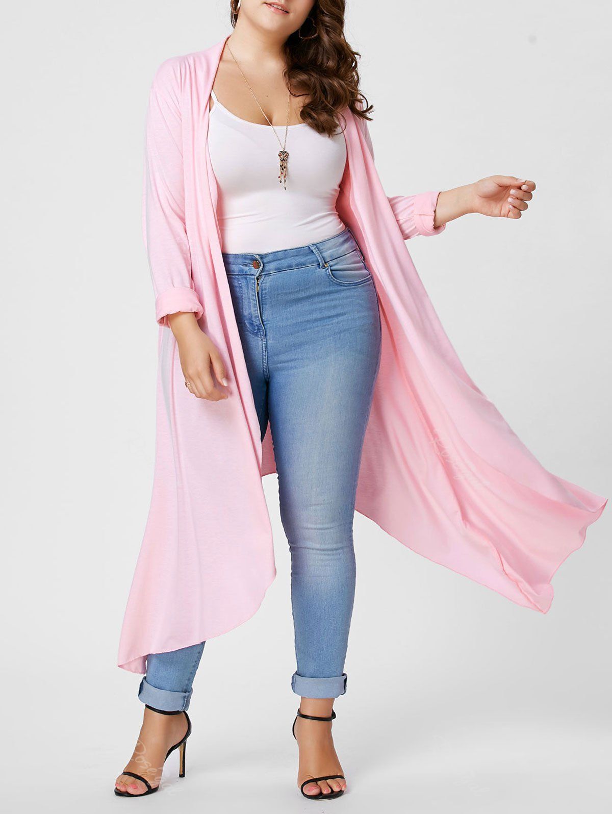 

Plus Size Maxi Asymmetric Front Open Cardigan, Light pink