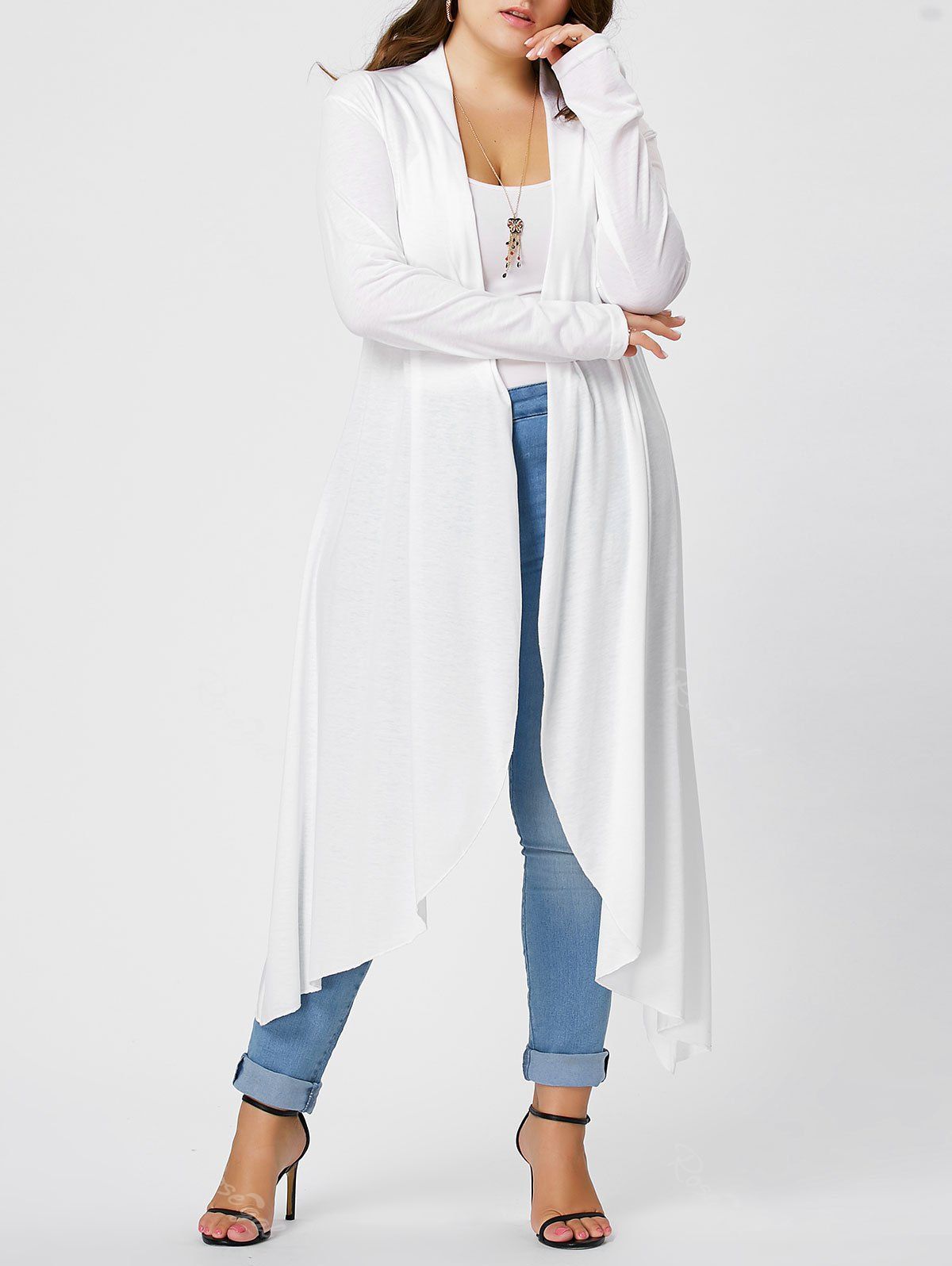 

Plus Size Maxi Asymmetric Front Open Cardigan, White