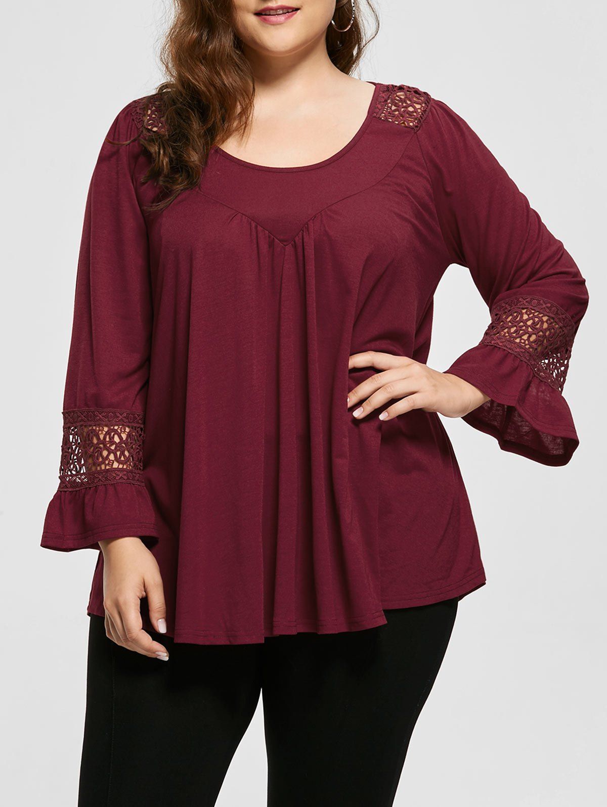 

Plus Size Crochet Insert Long SLeeve Top, Wine red