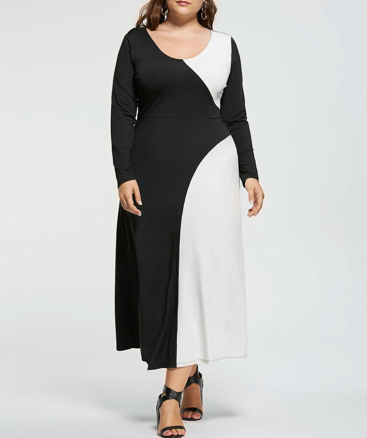 

Plus Size Two Tone Long Sleeve Casual Maxi Dress, White and black