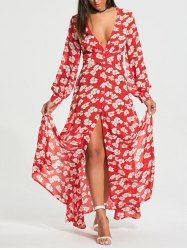Floral Print Button Up Chiffon Maxi Dress with Split - RED S